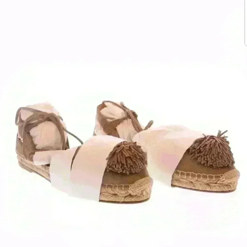 NIB Aquazzura Sunshine Pom-Pom Latte Suede Espadri - Picture 6 of 8